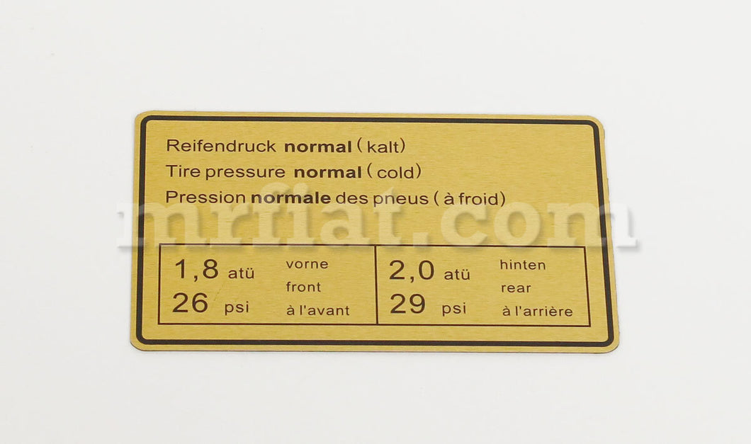 Porsche 911 912 Tire Pressure Sticker 1965-72 Accessories Porsche   