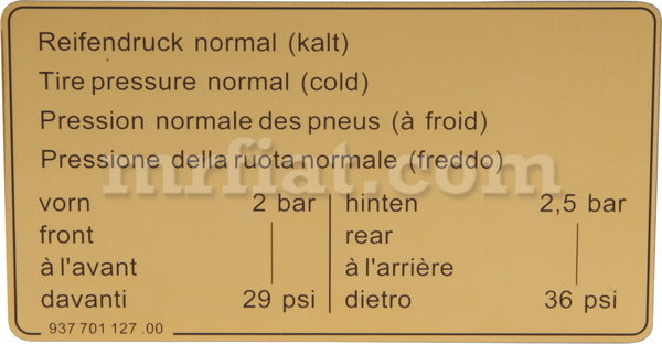 Porsche 924 944 Tire Pressure Sticker 1984-89 Accessories Porsche   